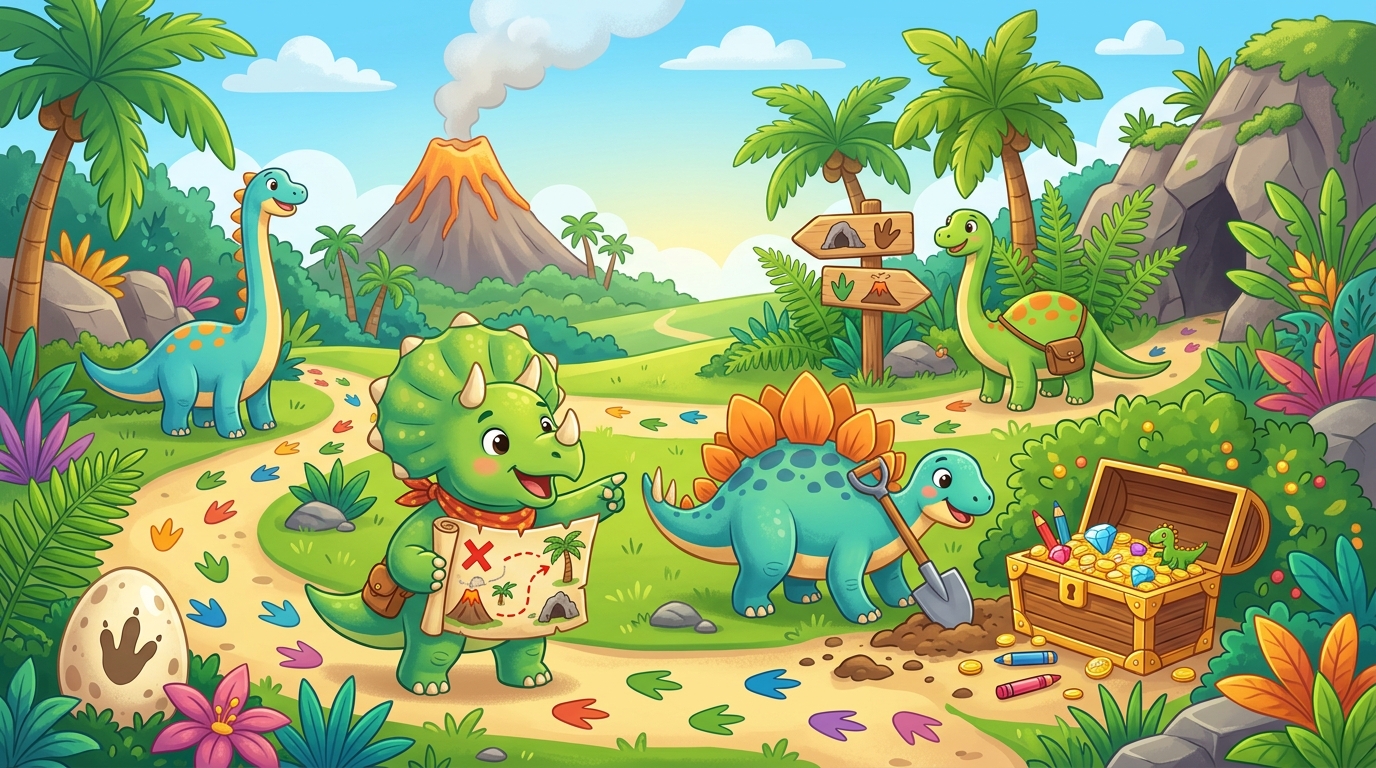 Caça ao tesouro de dinossauros: guia e desenhos para colorir gratuitos 🦕